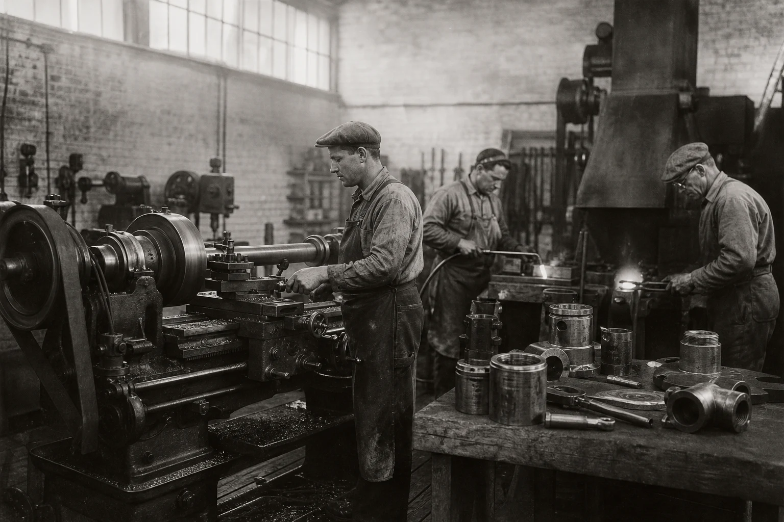 Black and white scene of machinists turning pipe fittings in an early industrial workshop