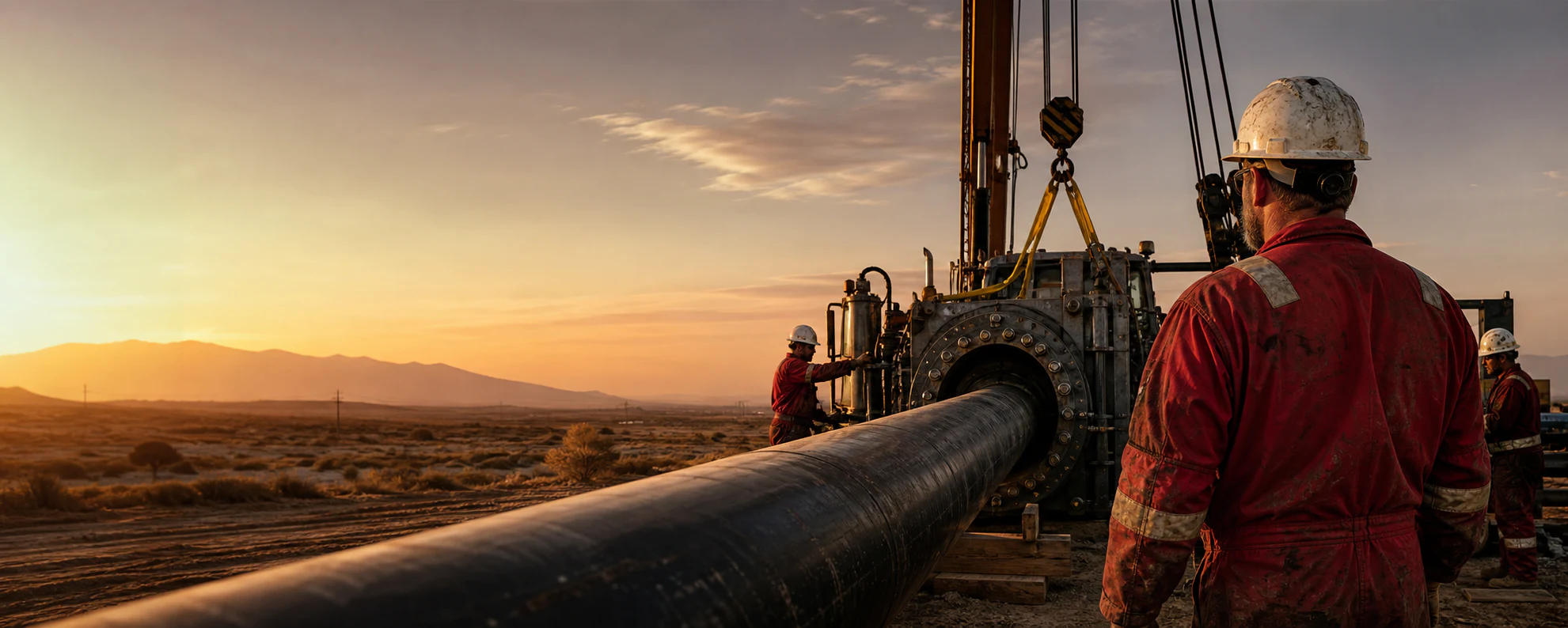 Crew members in red coveralls working a large pipeline tapping rig at dusk