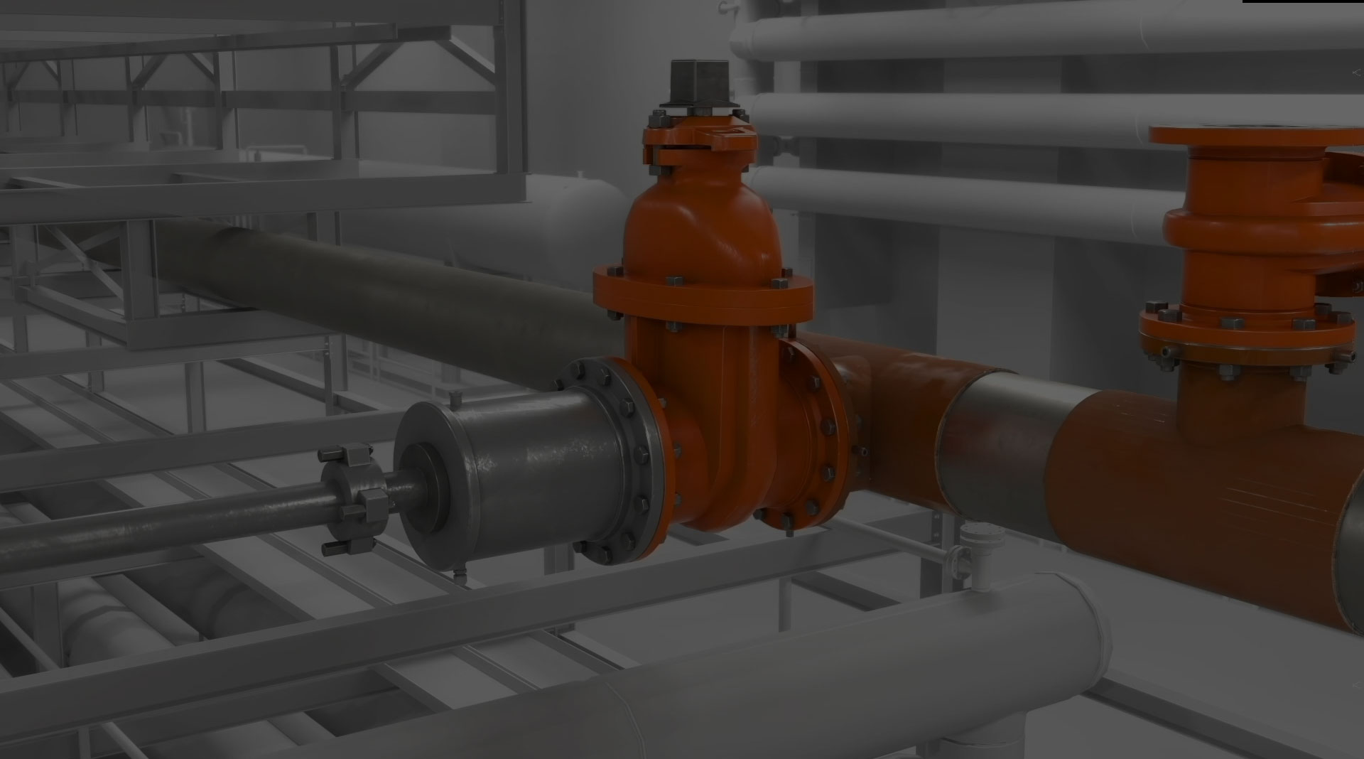 Industrial piping system with orange gate valves installed on live lines