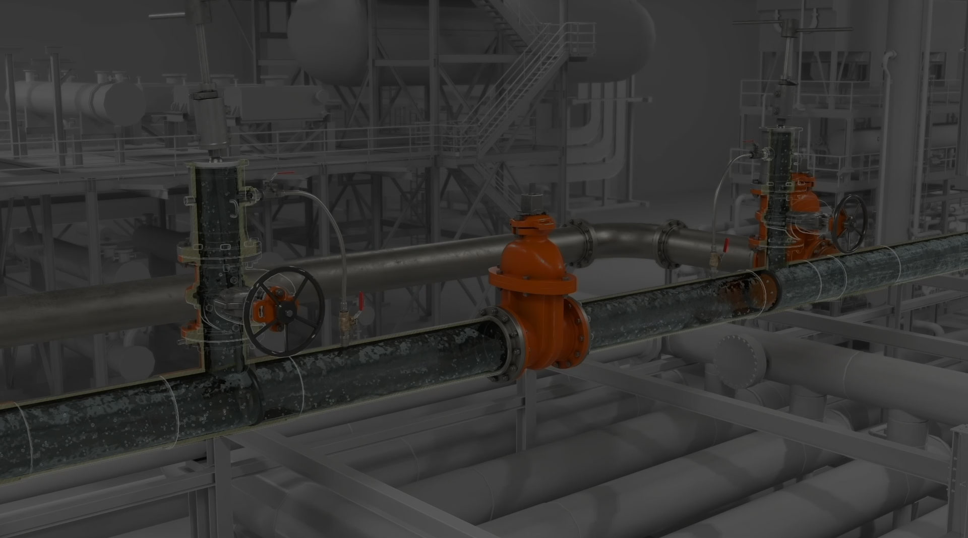 Line stop and gate valve assemblies installed on a live industrial pipeline
