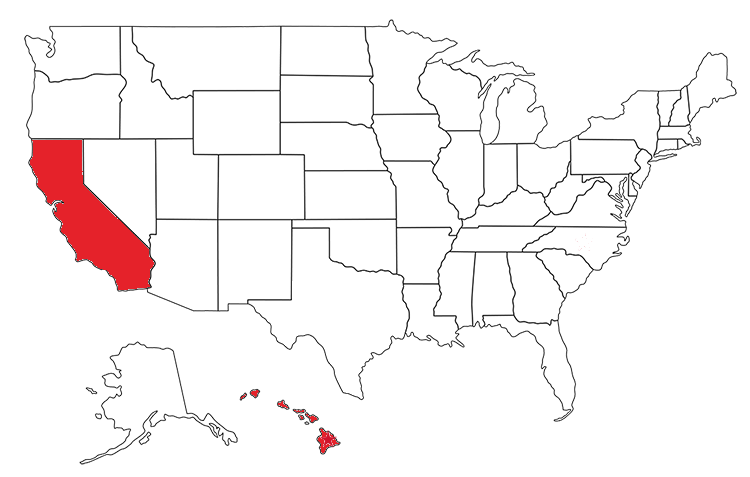 Map of the United States with California and Hawaii highlighted in red
